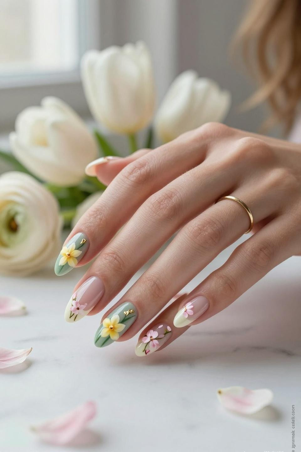 March Short Nails with sage green base and botanical line art on cream accent