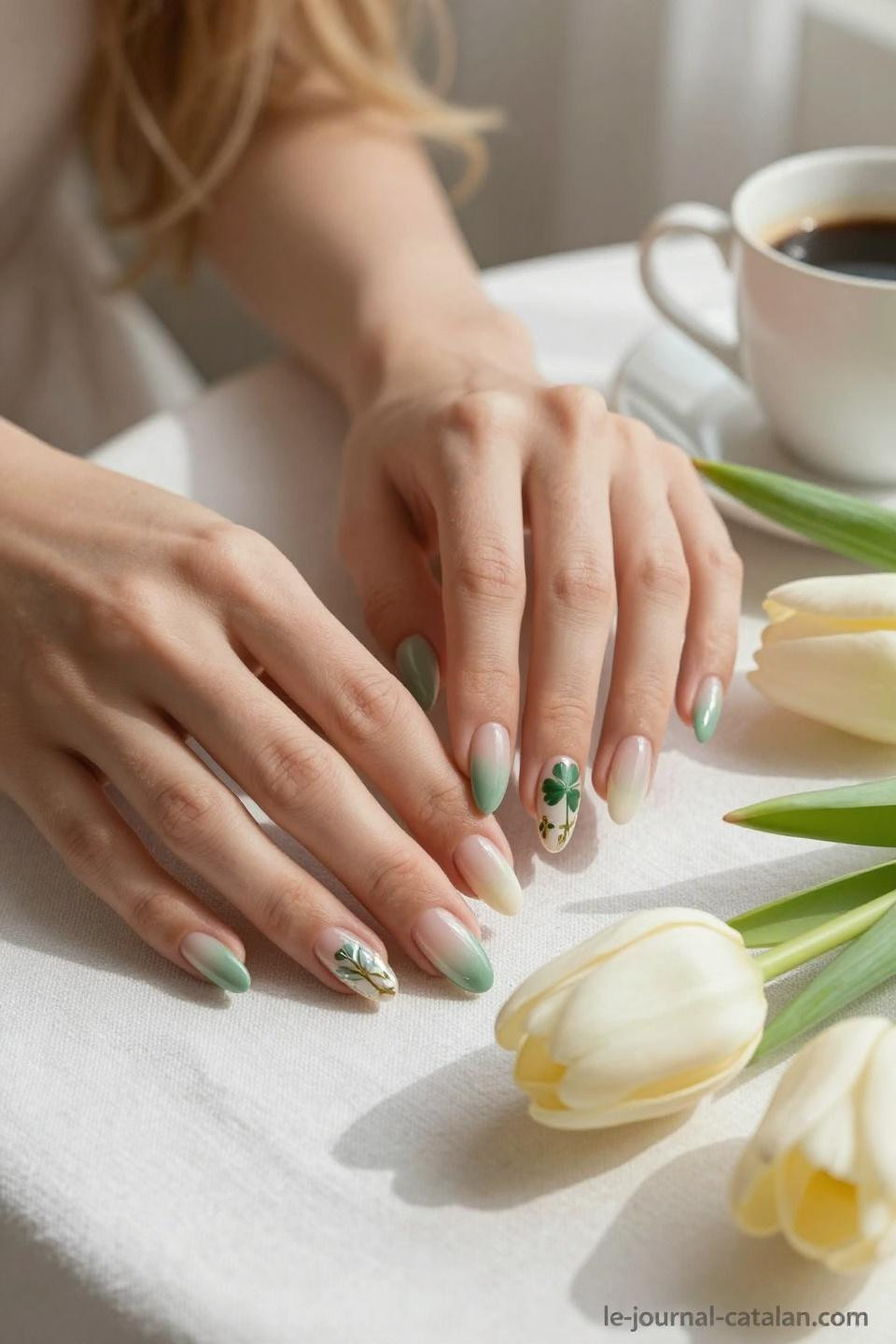 Cute Nails For March featuring sage to ivory ombre gradient with shamrock accent nail