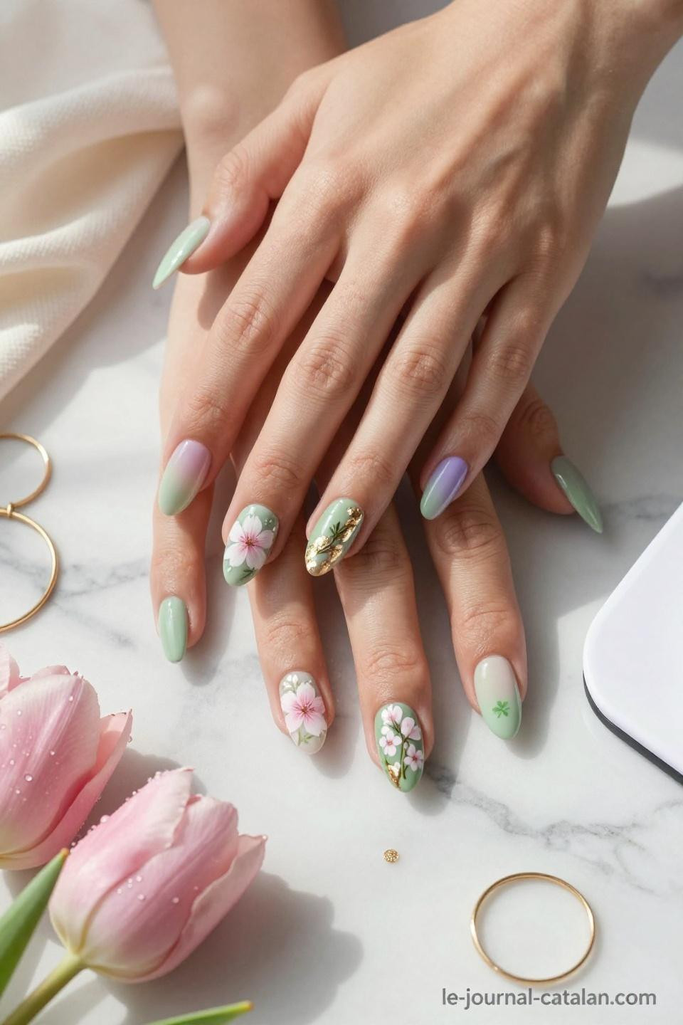 march nails colors marble luxury manicure flat lay composition