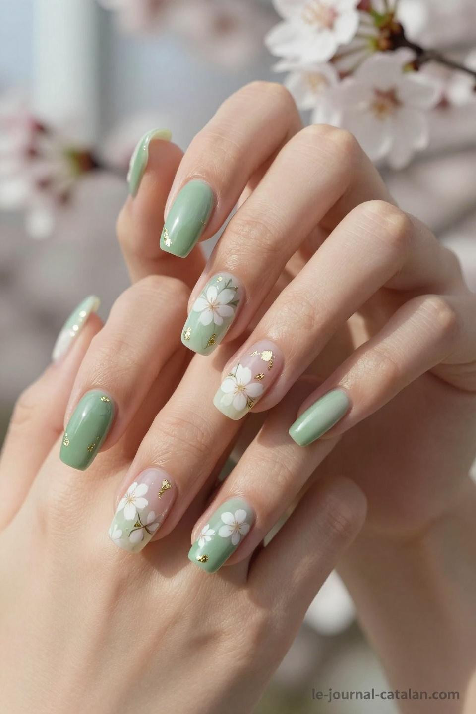 march nails colors sage green with gold accents on Korean hands