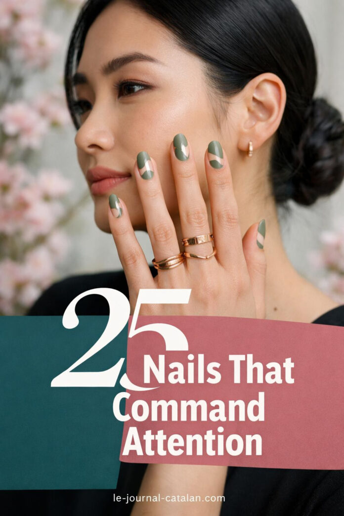 Luxury sage green manicure with geometric negative space and gold foil accents on almond-shaped nails