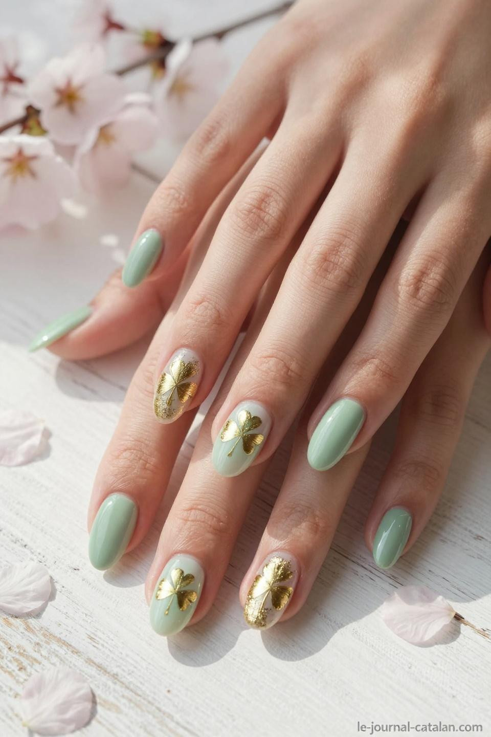 march nails ideas shamrock nail art on hands with cherry blossoms