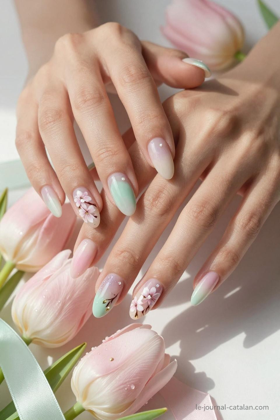 march nails ideas watercolor florals on Korean hands with spring styling