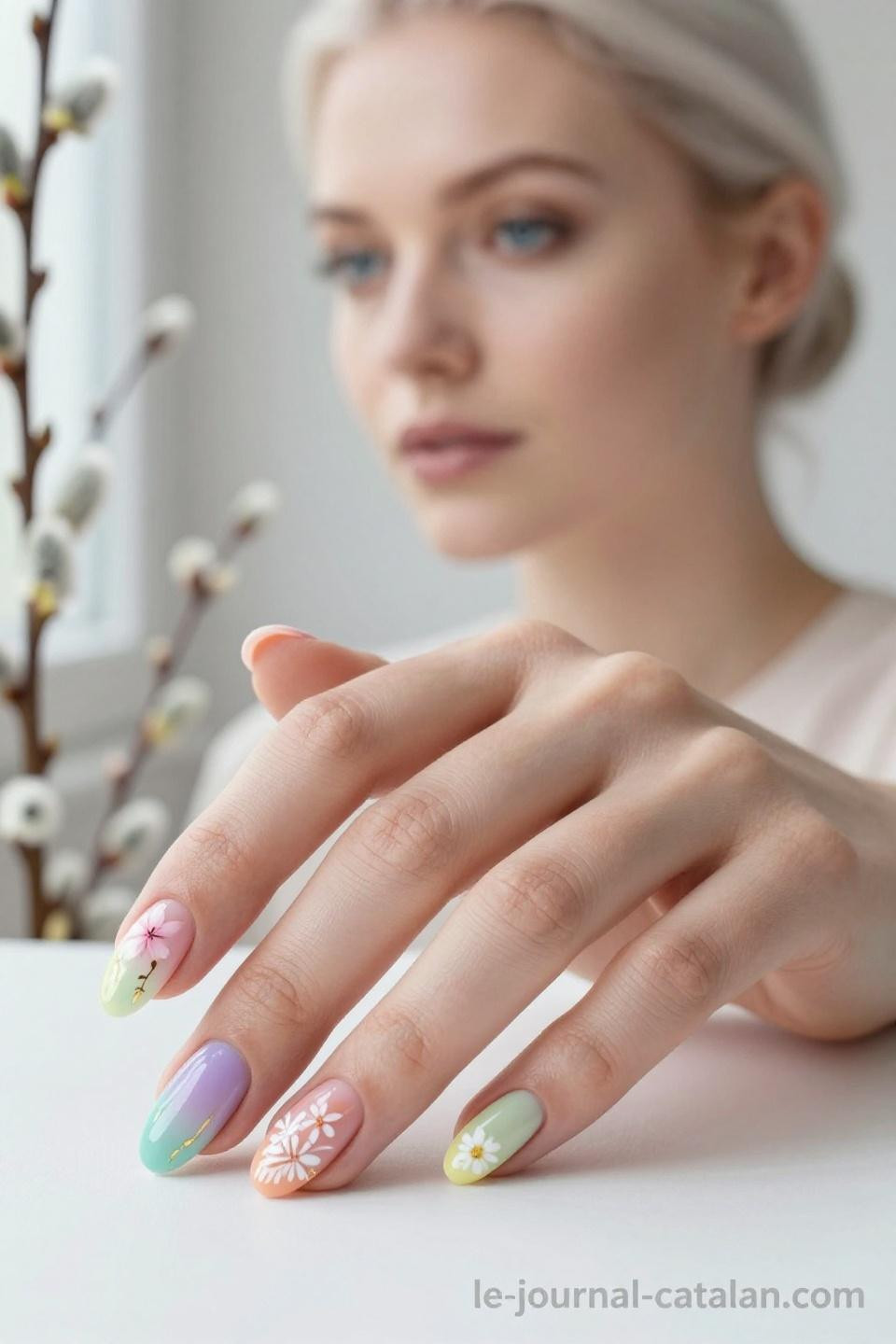 March nails colors featuring pastel spring palette on short almond nails
