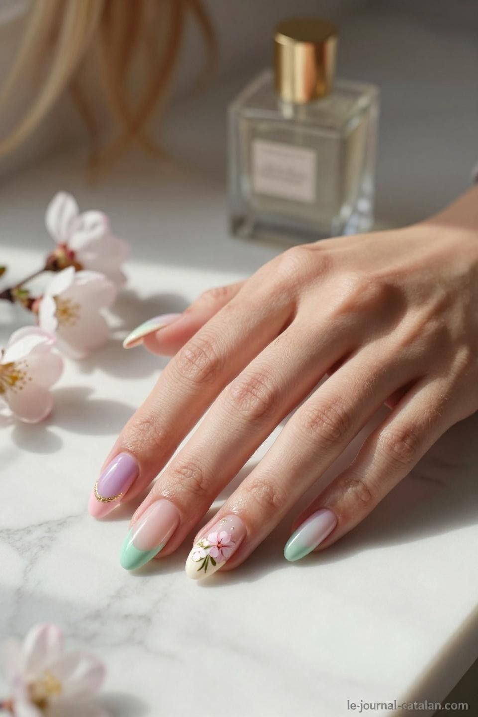 elegant nails with delicate March floral nail art in pastel palette