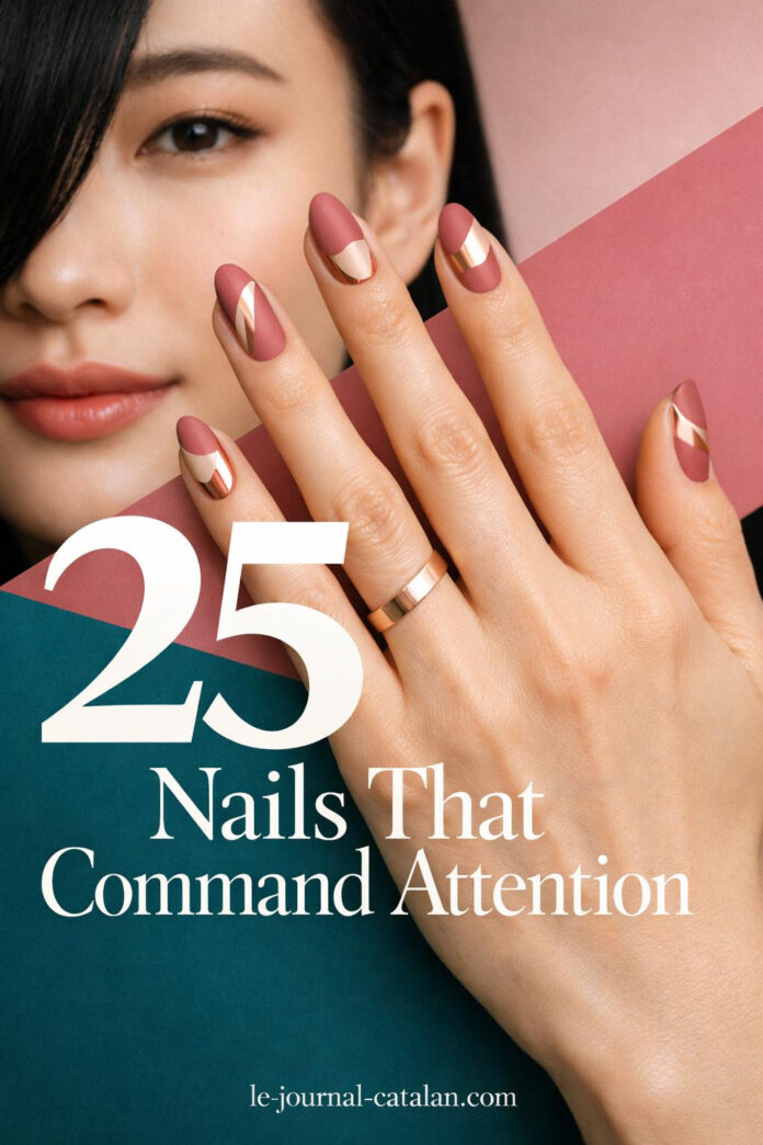 Professional manicure showcasing dusty rose geometric nail art with rose gold accents and matte finish on porcelain hands