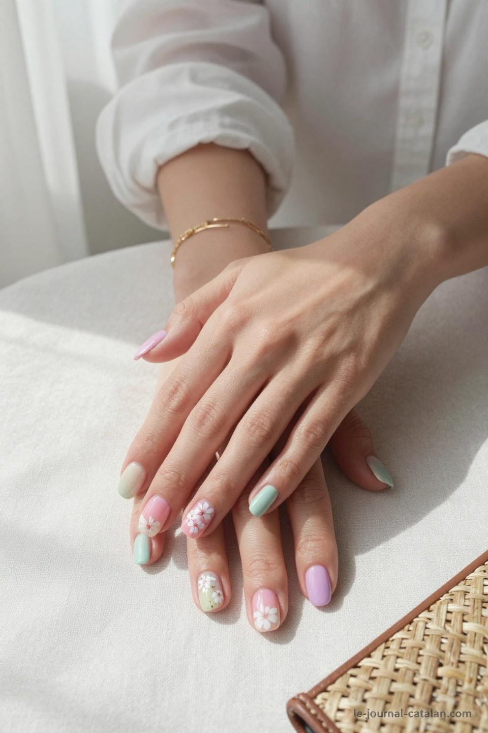 March nails simple design with sage green base and cherry blossom branch