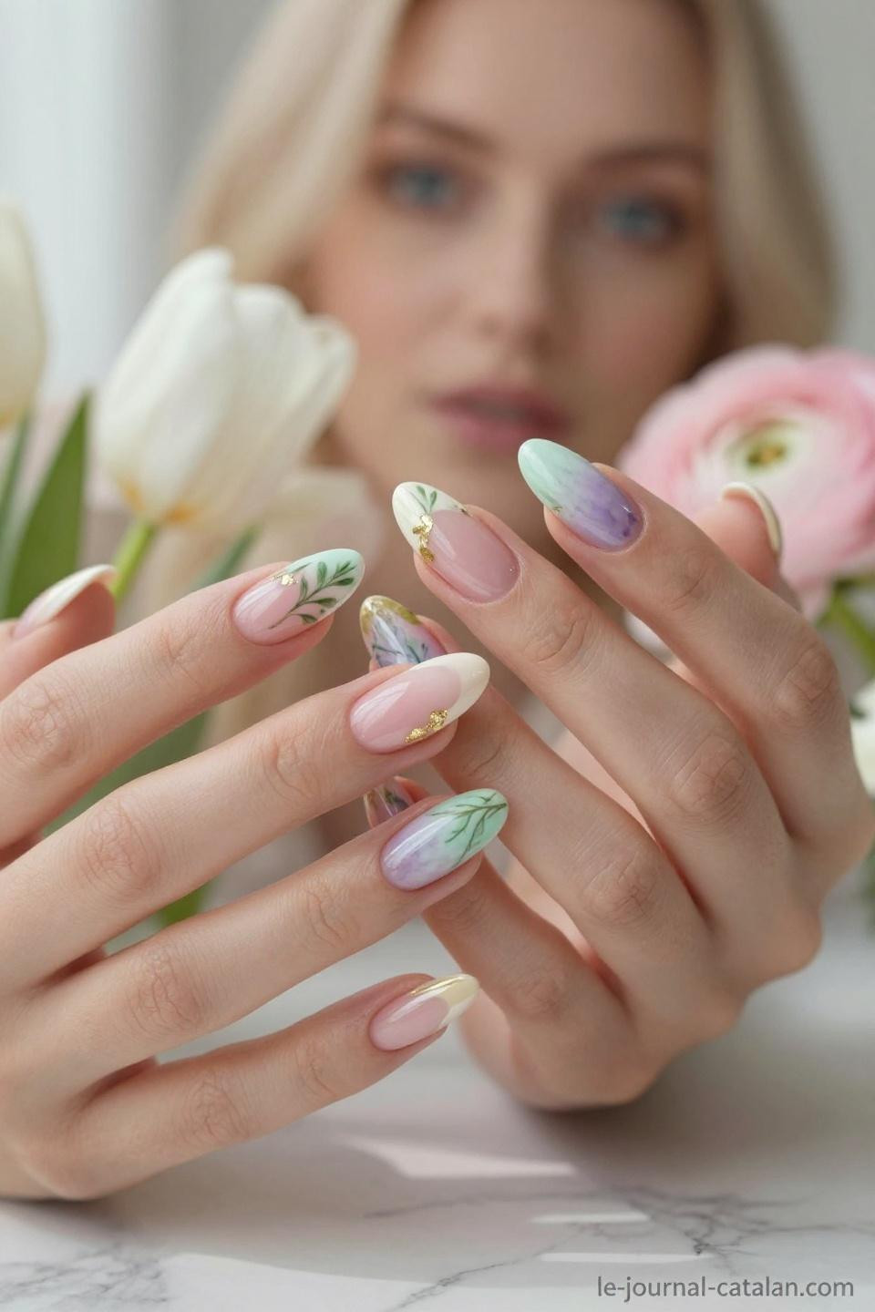 March spring gel nails with floral micro-painting and glossy finish
