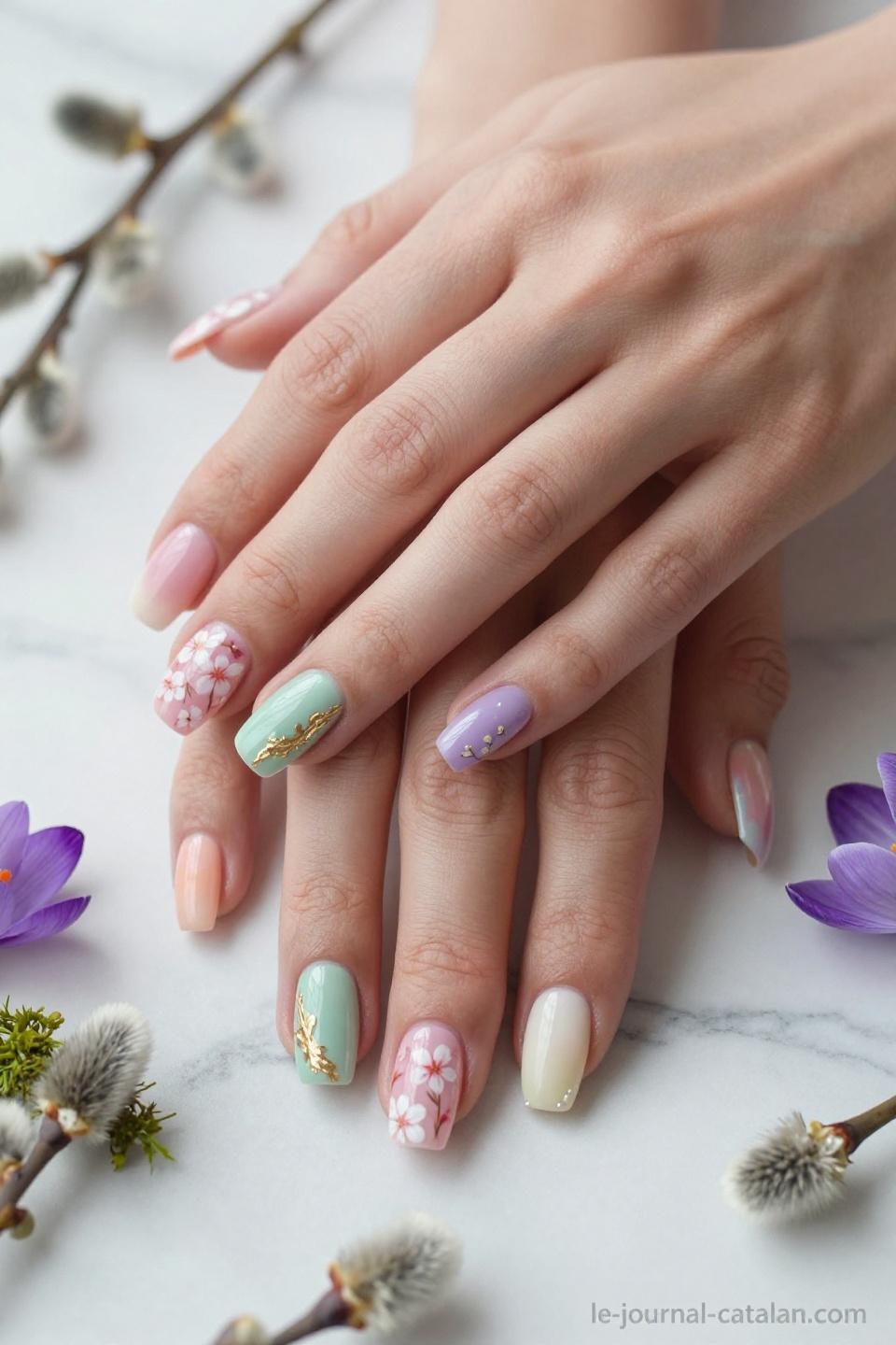 cute nails for March with pastel color blocking and cherry blossoms