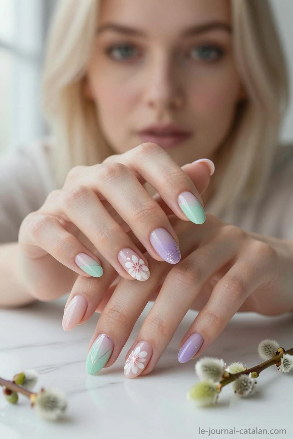March nails spring design with botanical elements and metallic accents