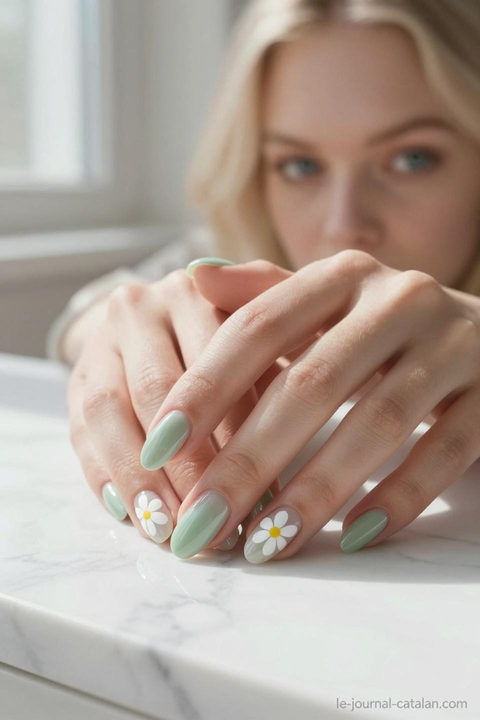 March manicure ideas featuring spring daisies and sage green gel