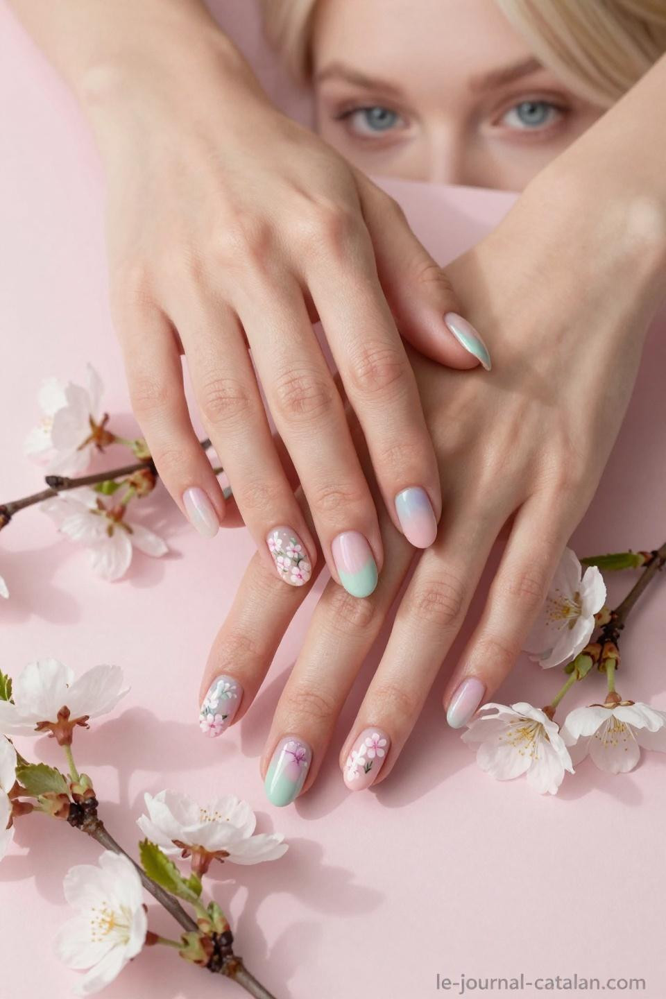 March nail inspo with botanical spring nail art and pastel gradients