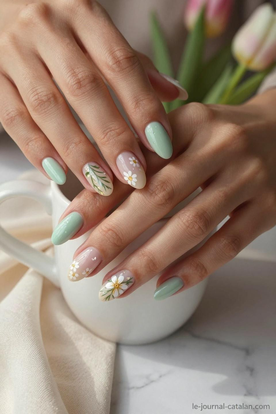 March Manicure Ideas featuring soft pastels and floral details