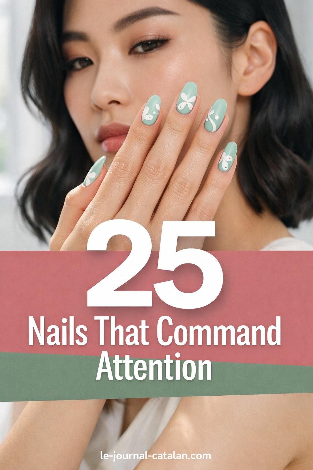 Soft mint green manicure with white negative space florals and pearl accents on elegant hands against spring light