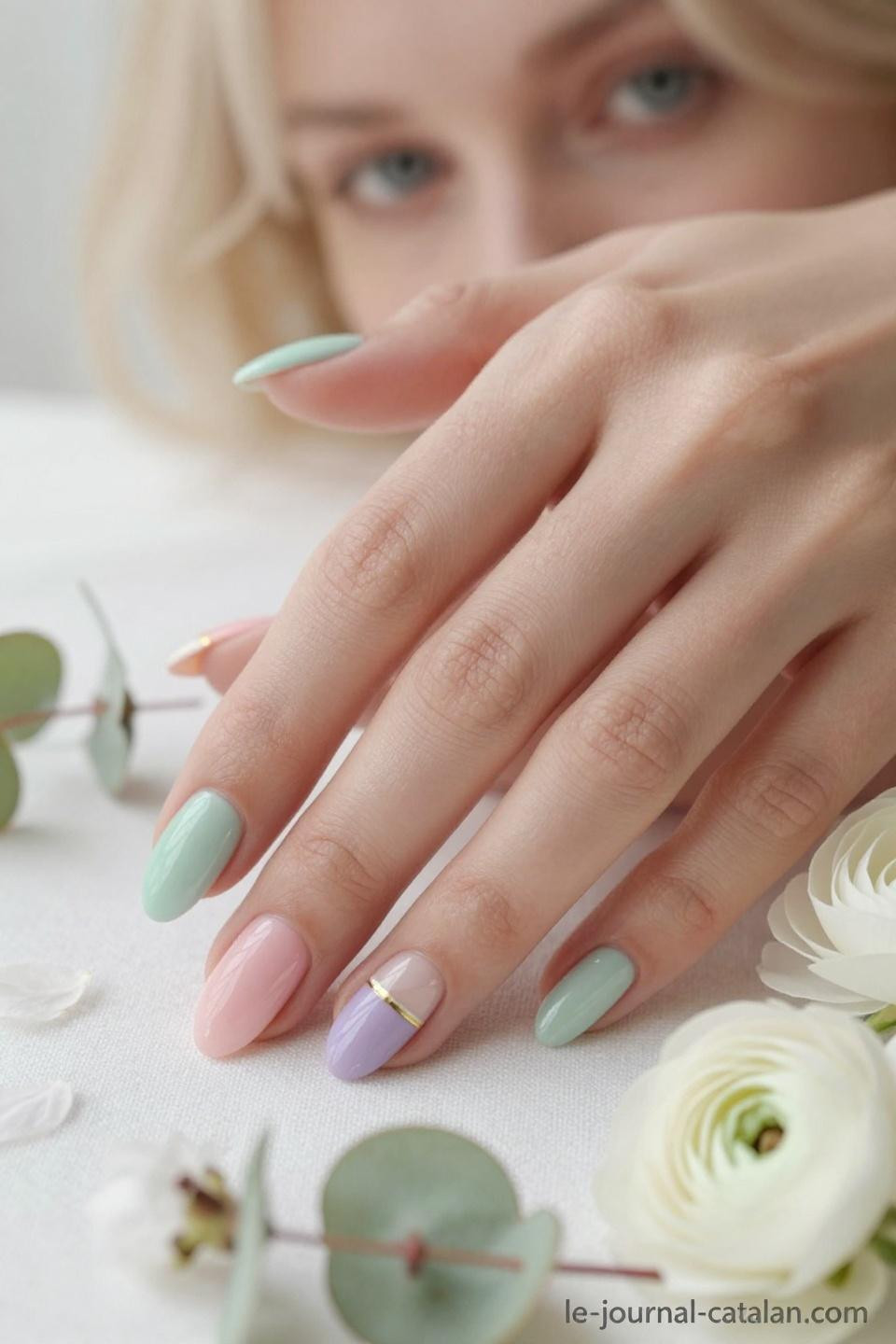 March nails with soft romantic spring elements