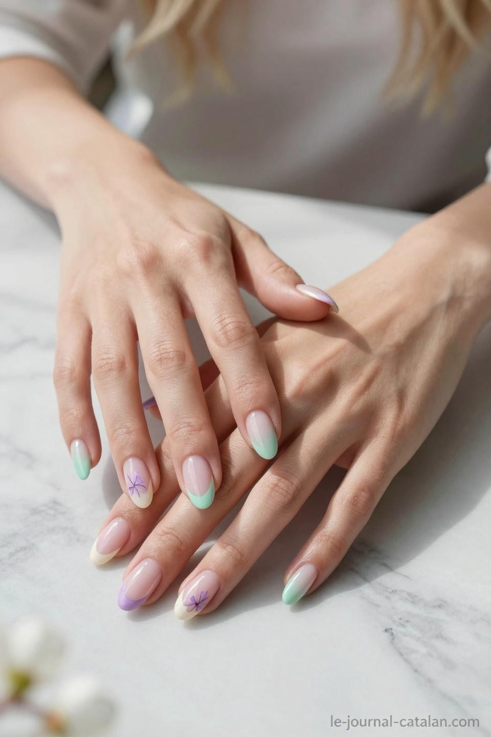 March nails with clean geometric spring patterns