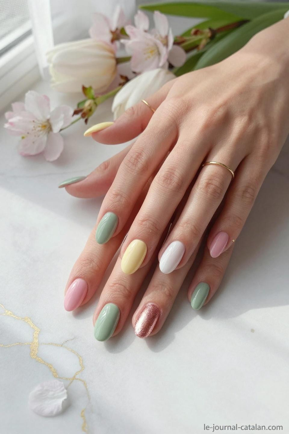 March nails with dimensional spring texture