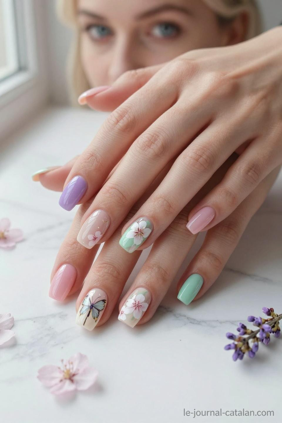March Nails Colors featuring lavender, mint green, and blush pink with butterfly artistry