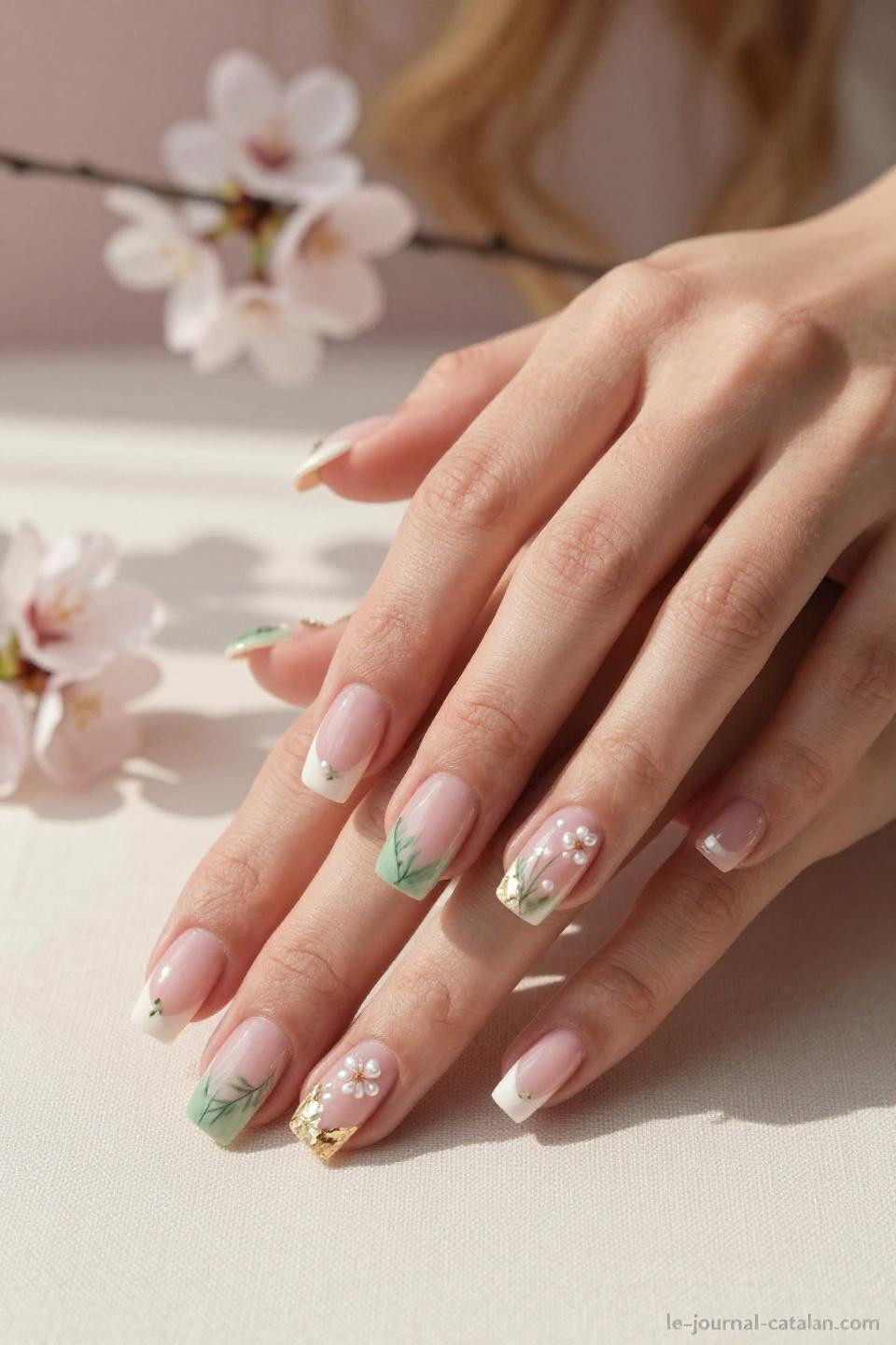 Elegant Nails square shaped with blush pink and sage green watercolor spring design