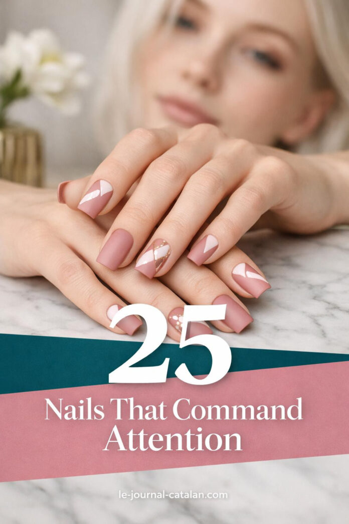 Professional manicure photography showing square shaped nails with dusty rose base and rose gold geometric accents