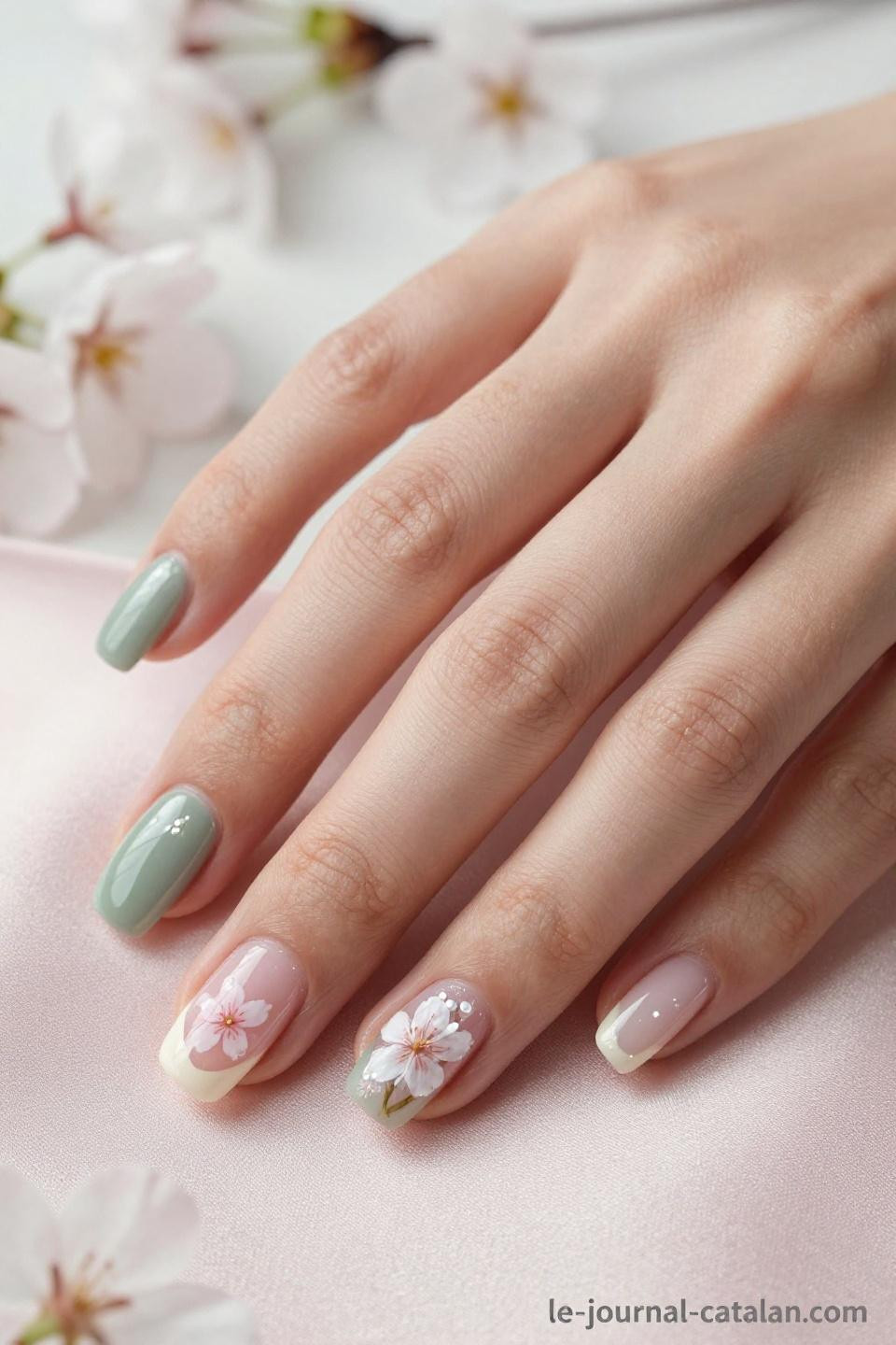 Elegant Nails square design with hand-painted cherry blossoms and gold accents