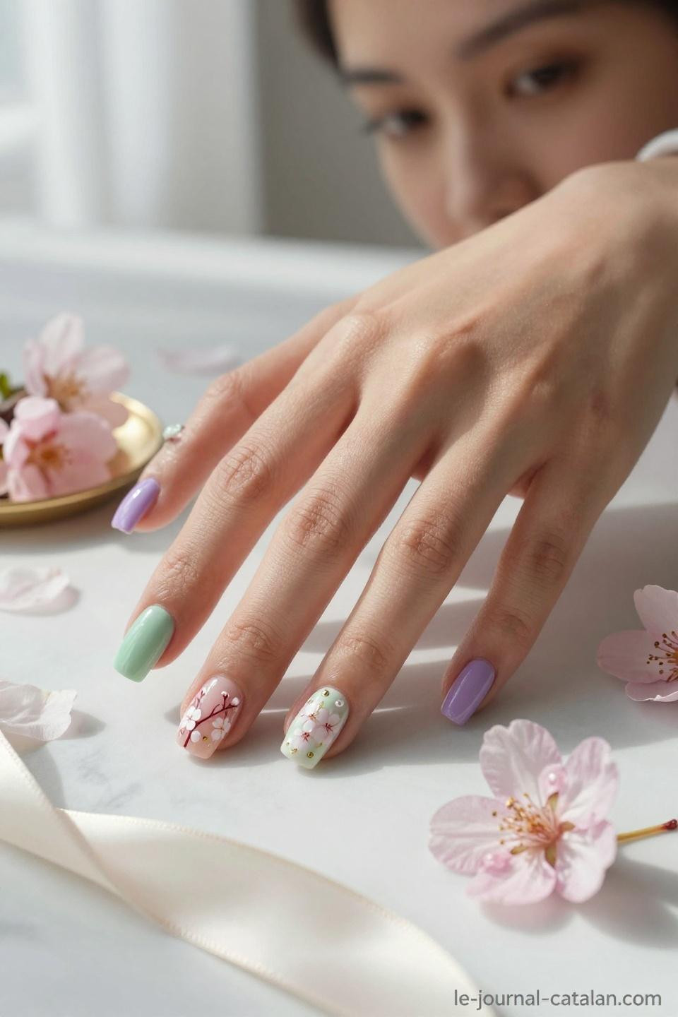 March Nail Designs Spring with watercolor wash technique and gold foil