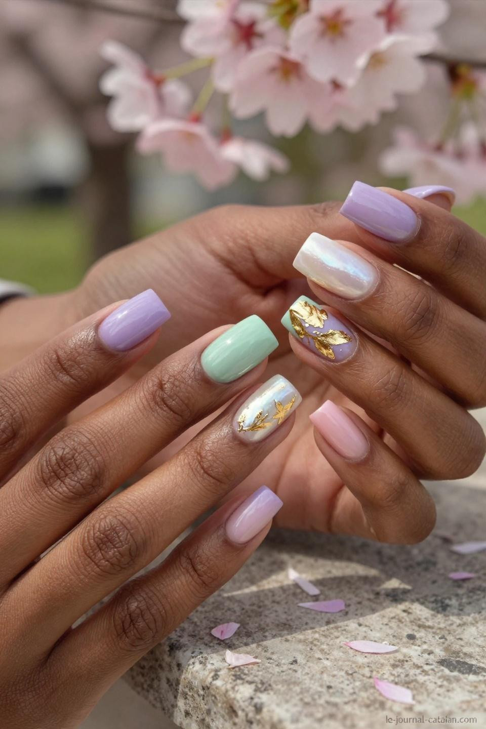 Cute Nails For March featuring pastel lavender with metallic gold accents
