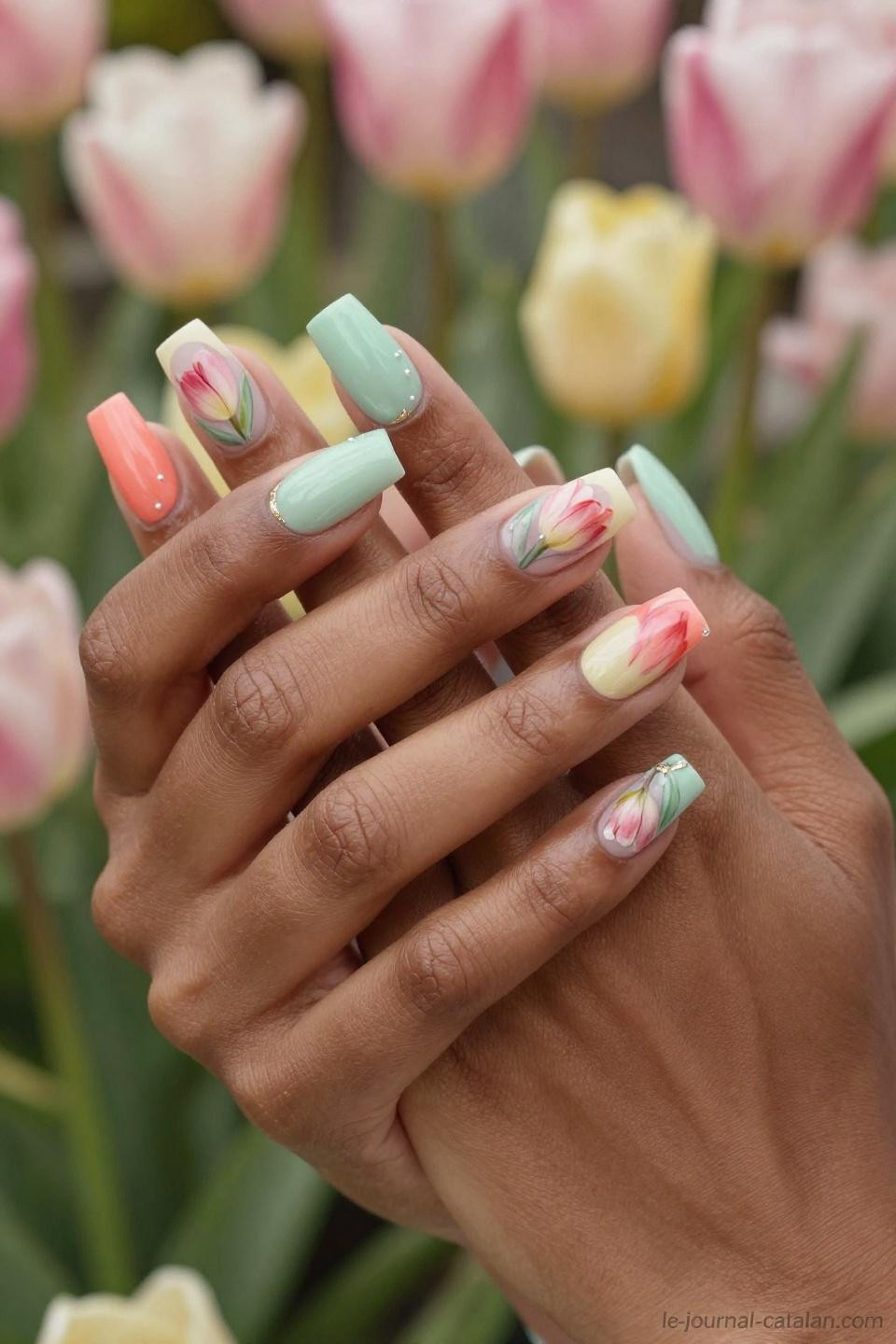 March Nails Ideas Spring with tulip petal artistry on mint green base