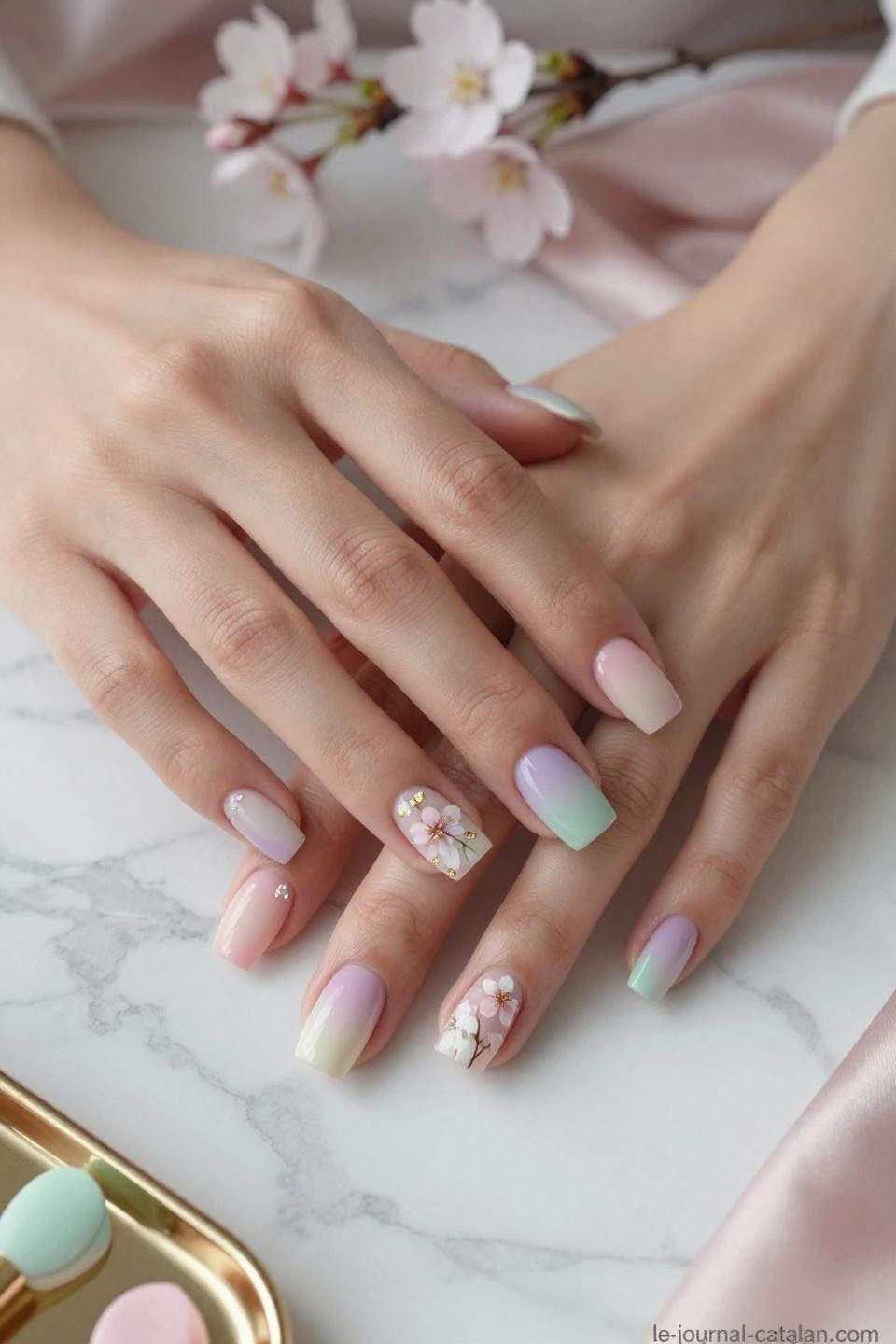 March Manicure Ideas featuring ombre effects and minimalist flower designs