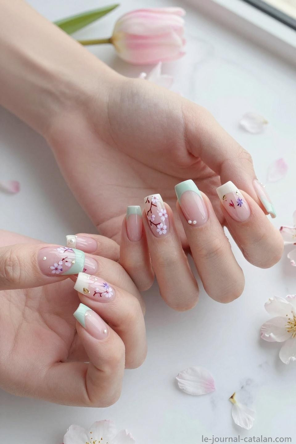 March Manicure Ideas featuring blush pink, mint green, and lavender florals