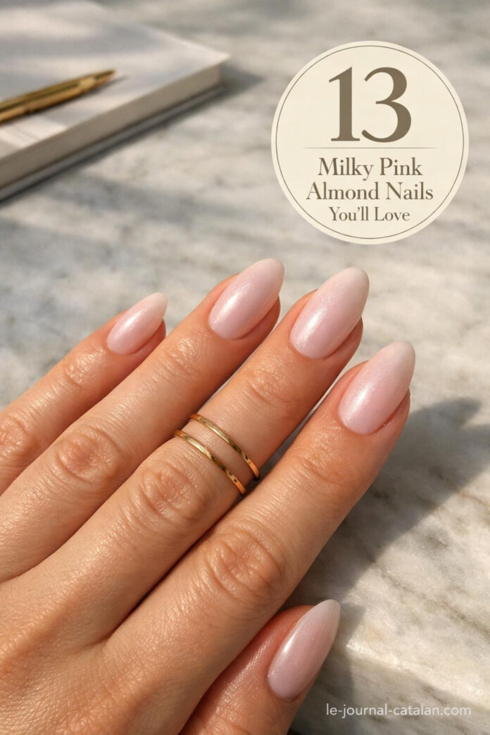 Milky Pink Almond Nails - Elegant Design Almond-shaped nails with soft nude pink milky finish and minimalist design details for a classy, sophisticated manicure look