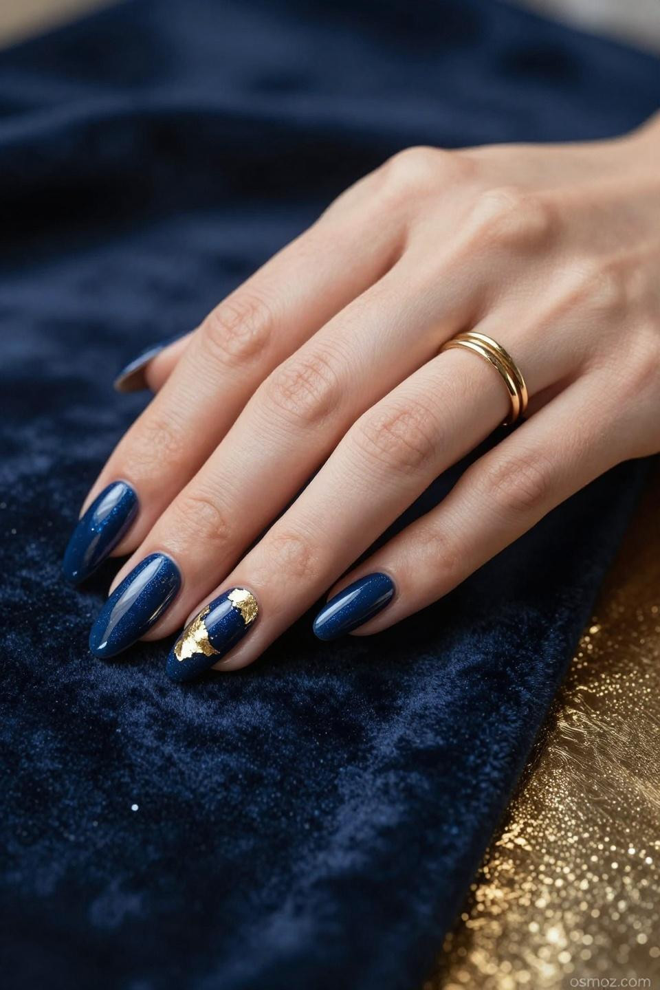 Blue Nails Ideas featuring navy gel with gold foil on almond nails against velvet backdrop