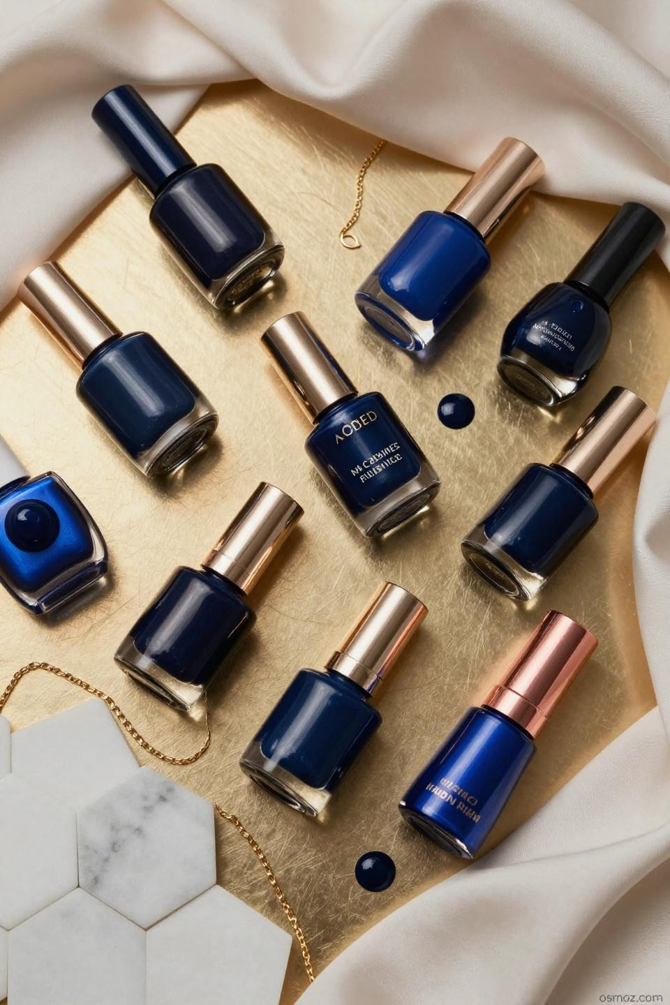 Blue Nails Ideas with navy polish bottles on brushed gold surface flat lay