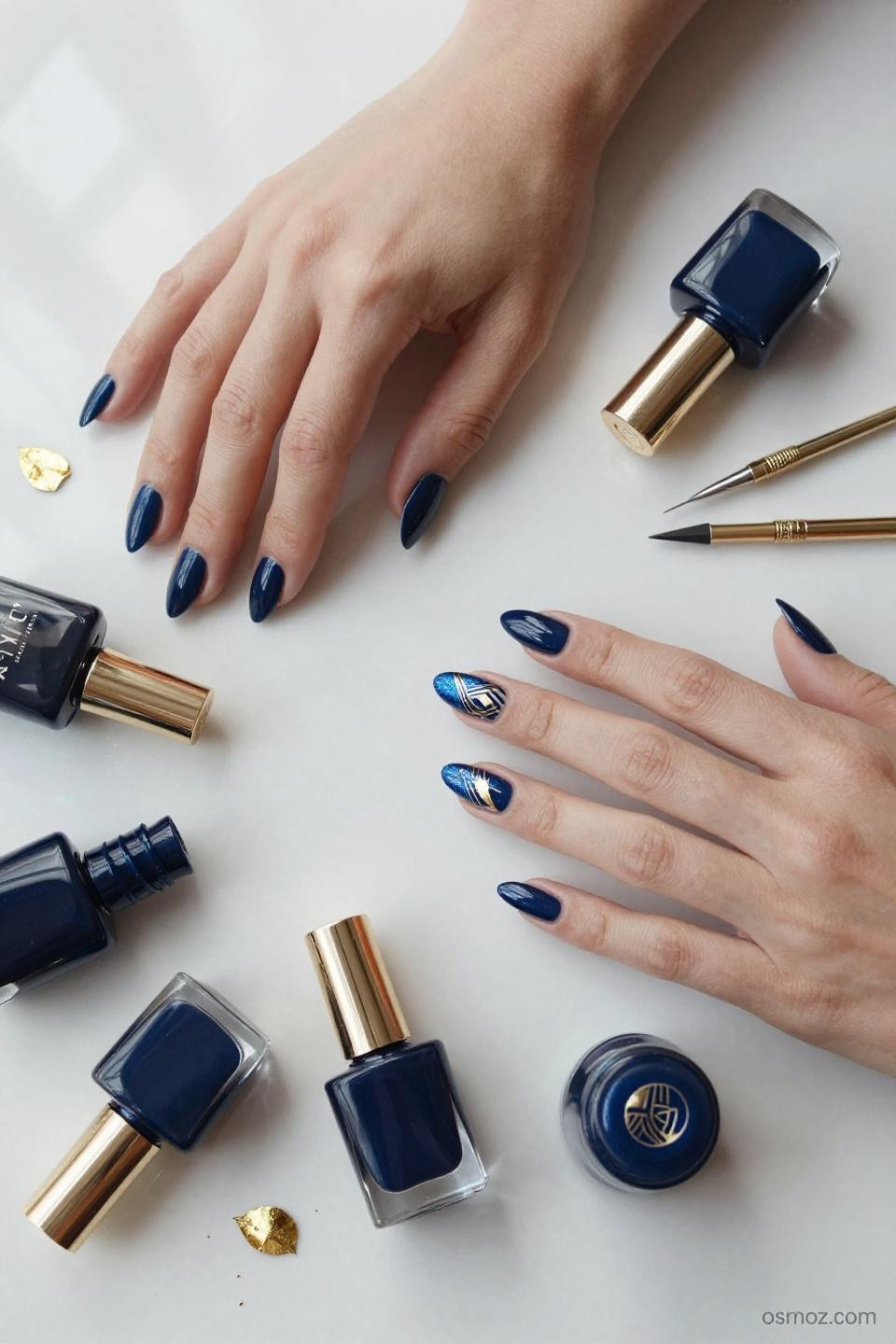 Blue Nails Ideas flat lay with navy polish bottles and manicured hands on marble
