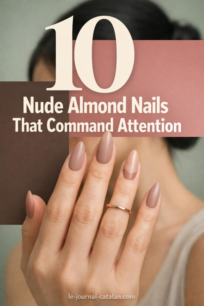 Professional manicure showcasing warm taupe almond-shaped nails with matte finish and glossy accent against sage background