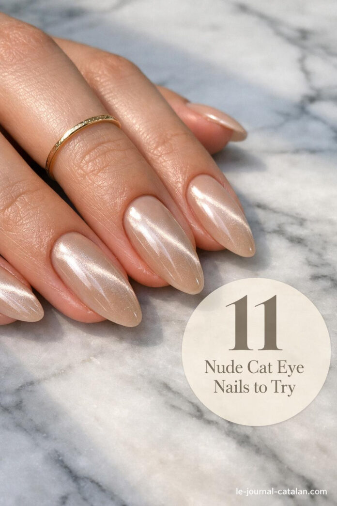 Beige cat eye nails with sleek magnetic design and neutral polish, showcasing trendy cateyes manicure style for modern nail art