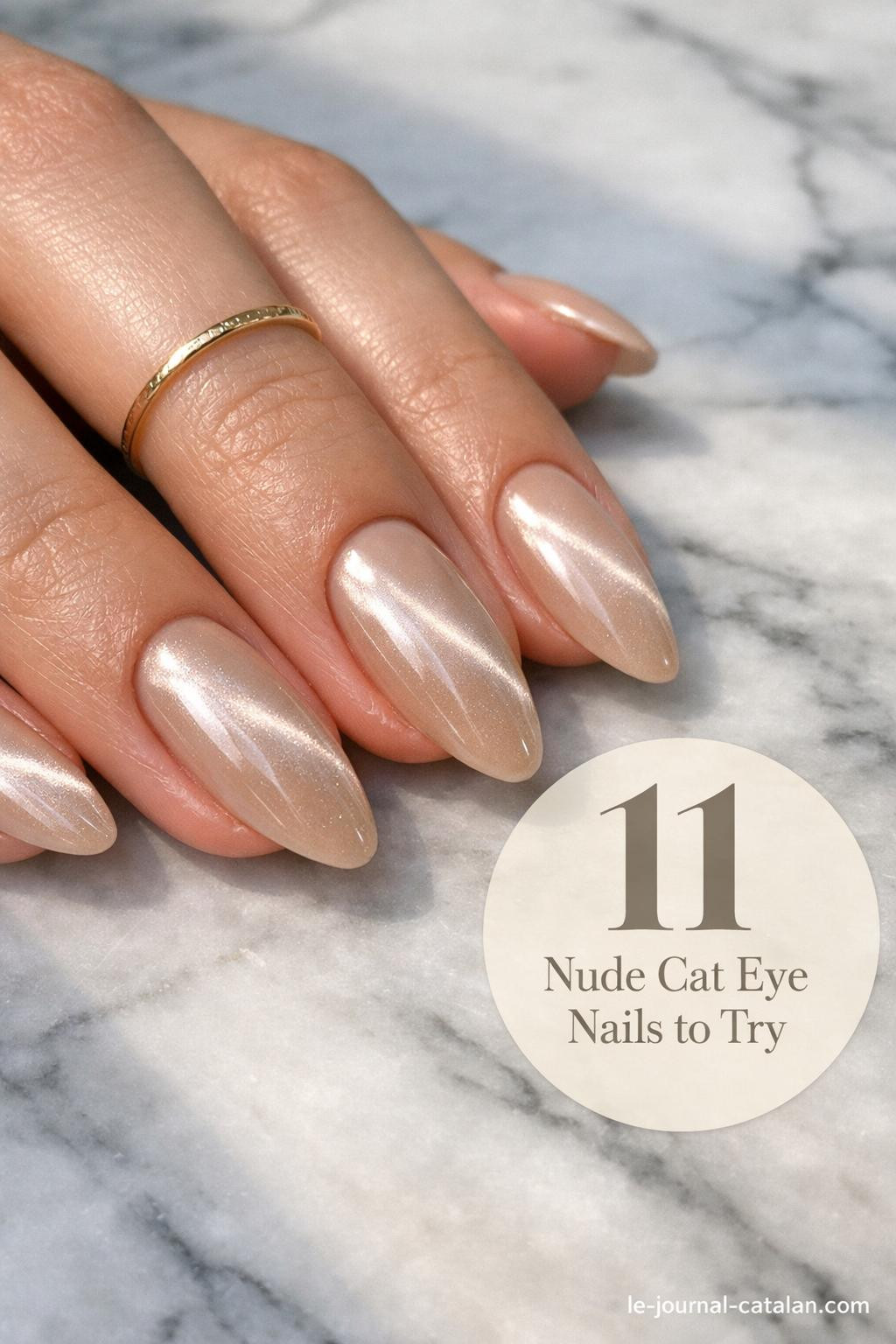 Beige cat eye nails with sleek magnetic design and neutral polish, showcasing trendy cateyes manicure style for modern nail art