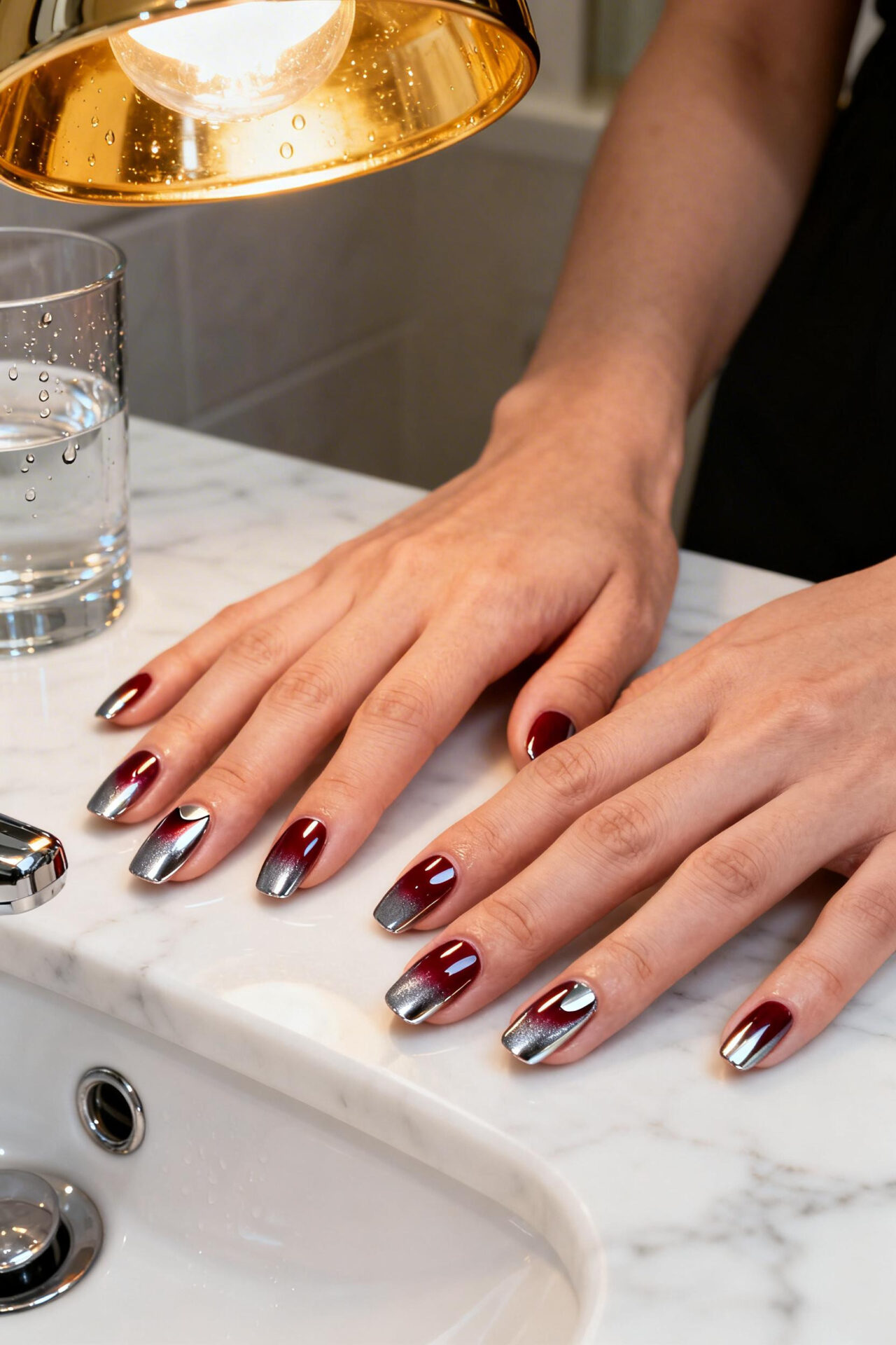 Cat Eye Acrylic Nails - burgundy silver chrome