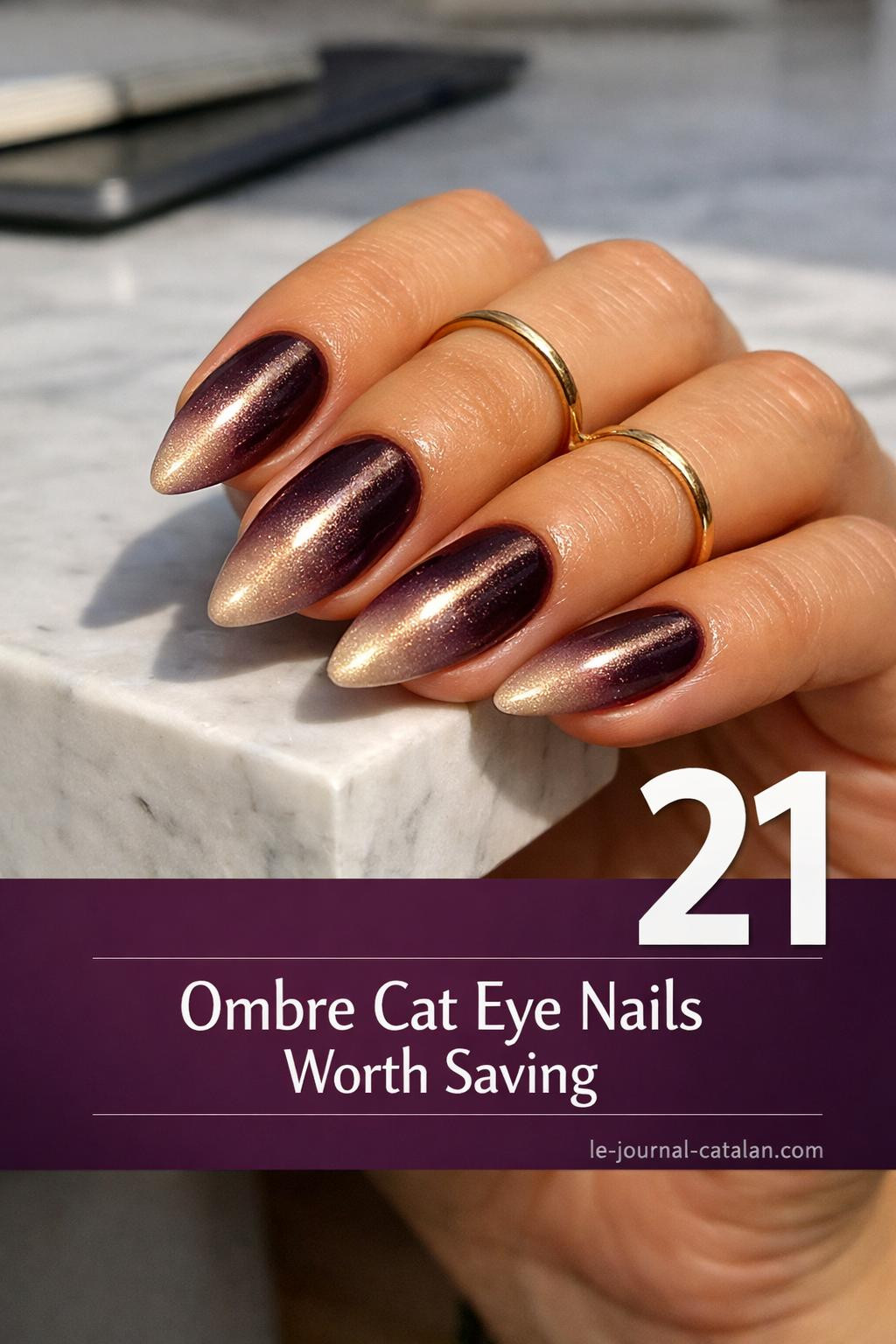 Cute cat eye nails featuring ombre gradient effect in soft pink and nude tones with sleek feline-inspired nail art design