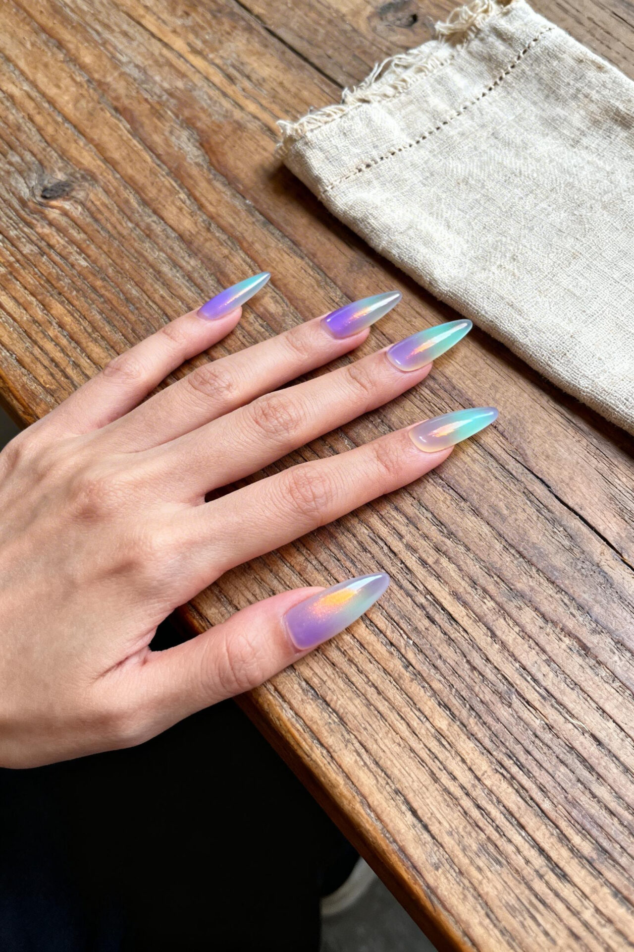 Cat Eye French Tip Nails - lavender seafoam stiletto