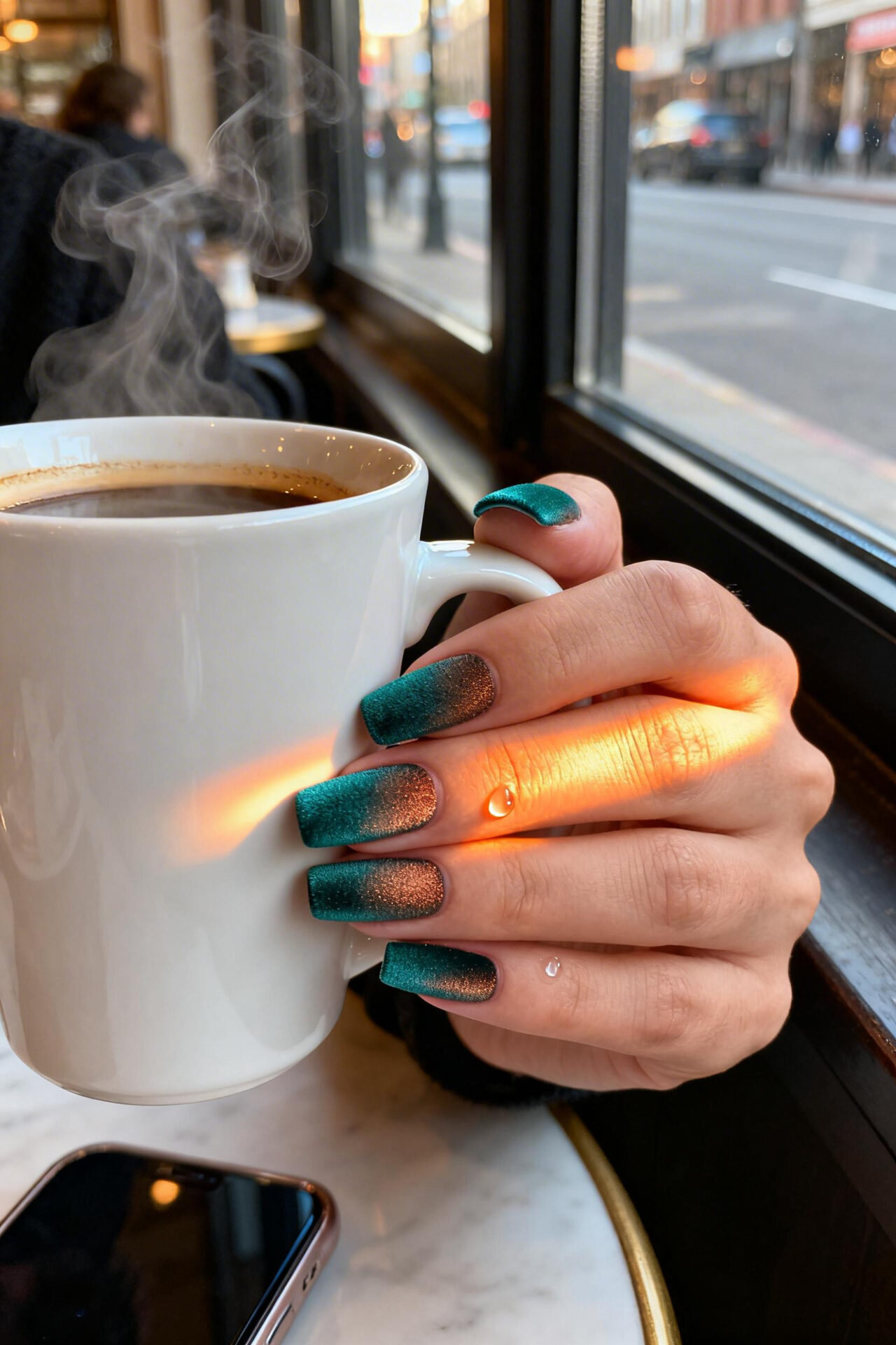 Cats Eye Nails Design Ideas - teal bronze coffin
