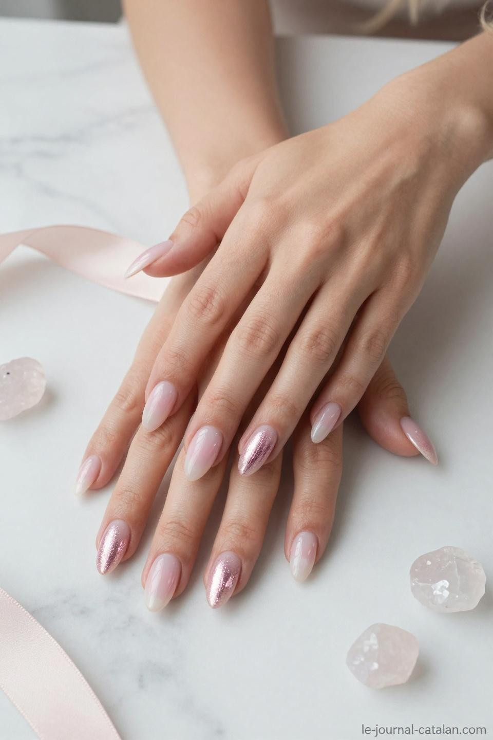 Short almond nails in milky pink with aura gradient and rose quartz accents