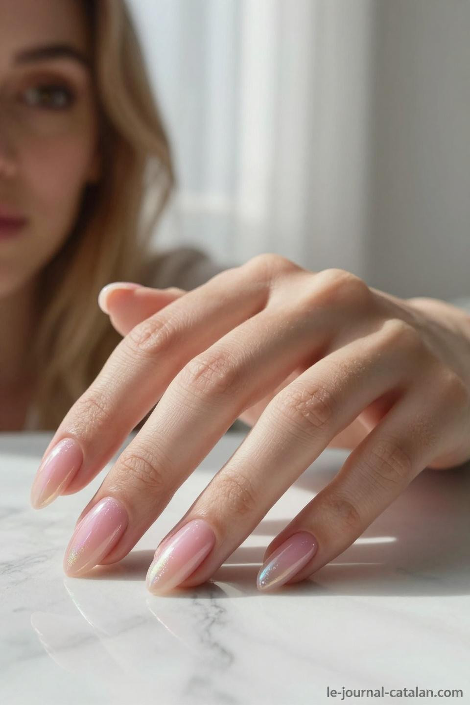 Pink almond nails with aura gradient and iridescent shimmer overlay