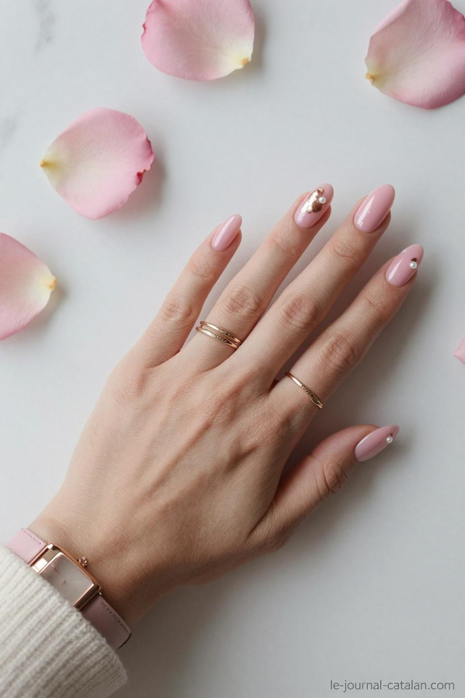 Pink almond aura nails with rose gold chrome accents on marble surface