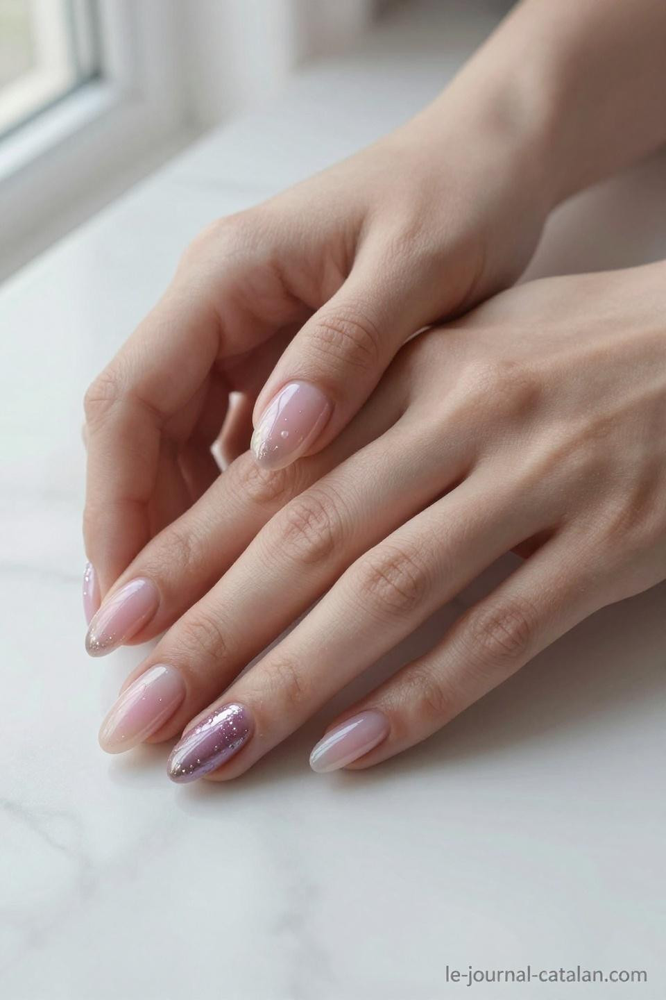 Hot pink almond nails with glossy gel finish and rose gold foil accents