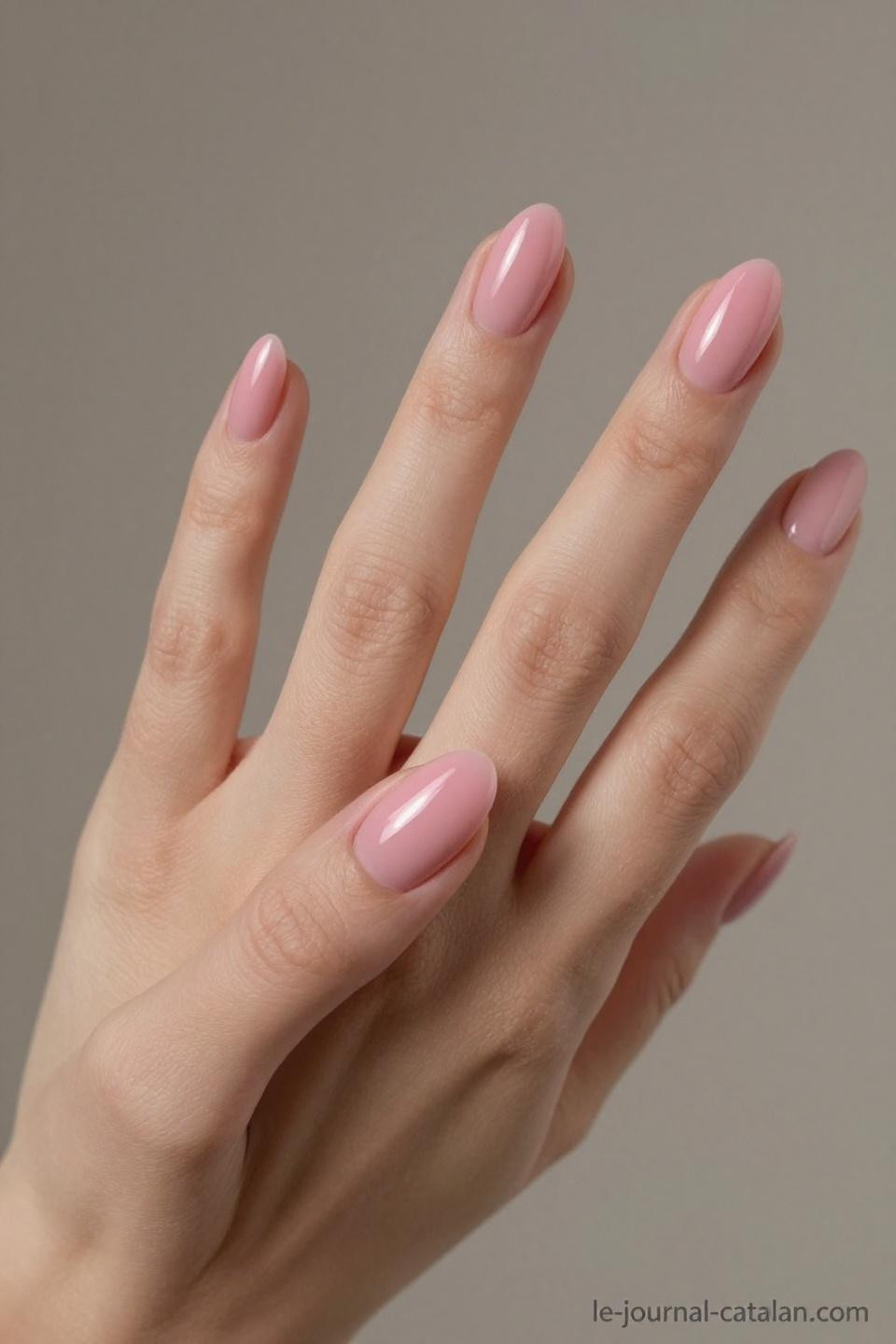 Milky pink almond nails with translucent gel and mirror-smooth finish