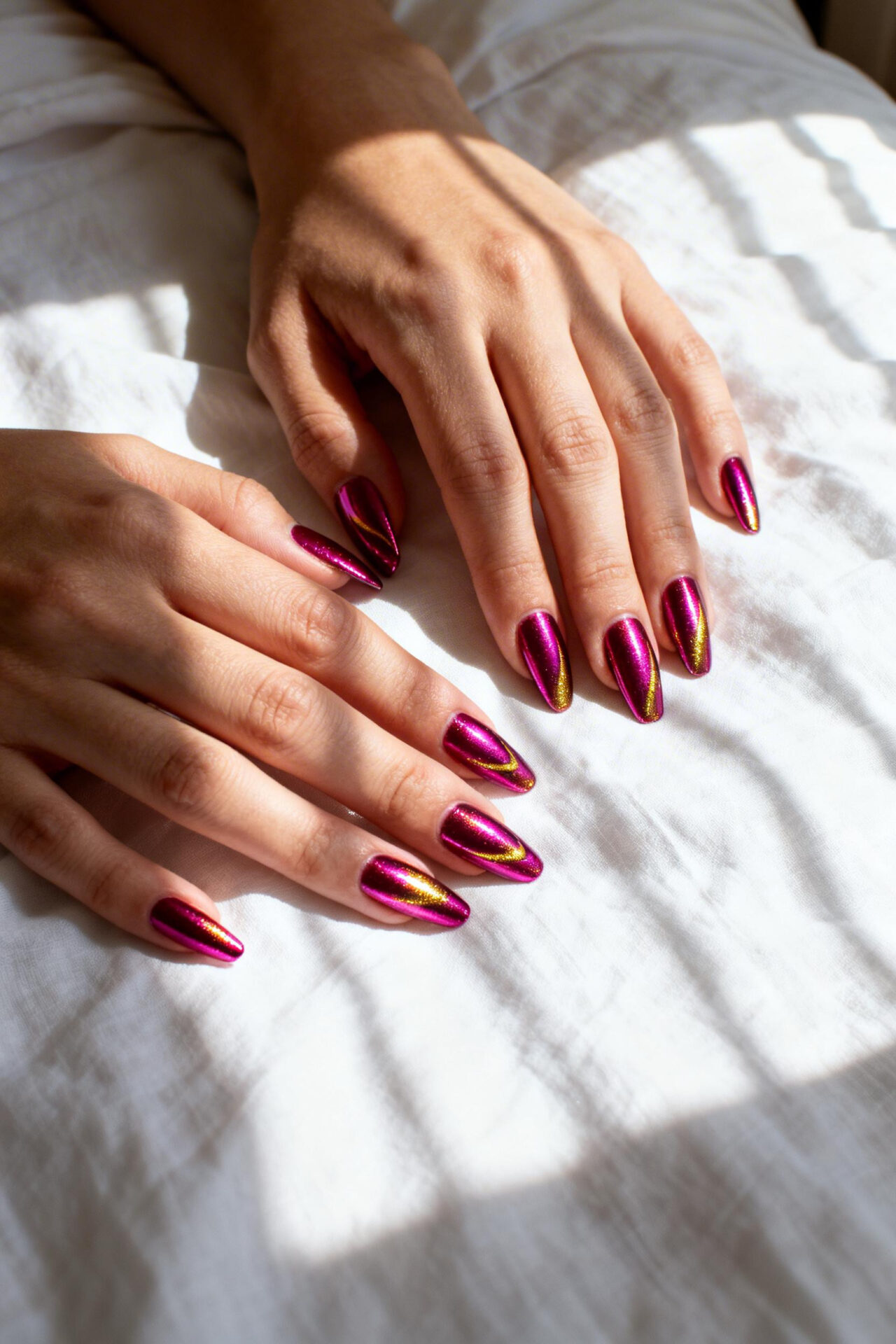 Pink cat eye nails coffin chrome design