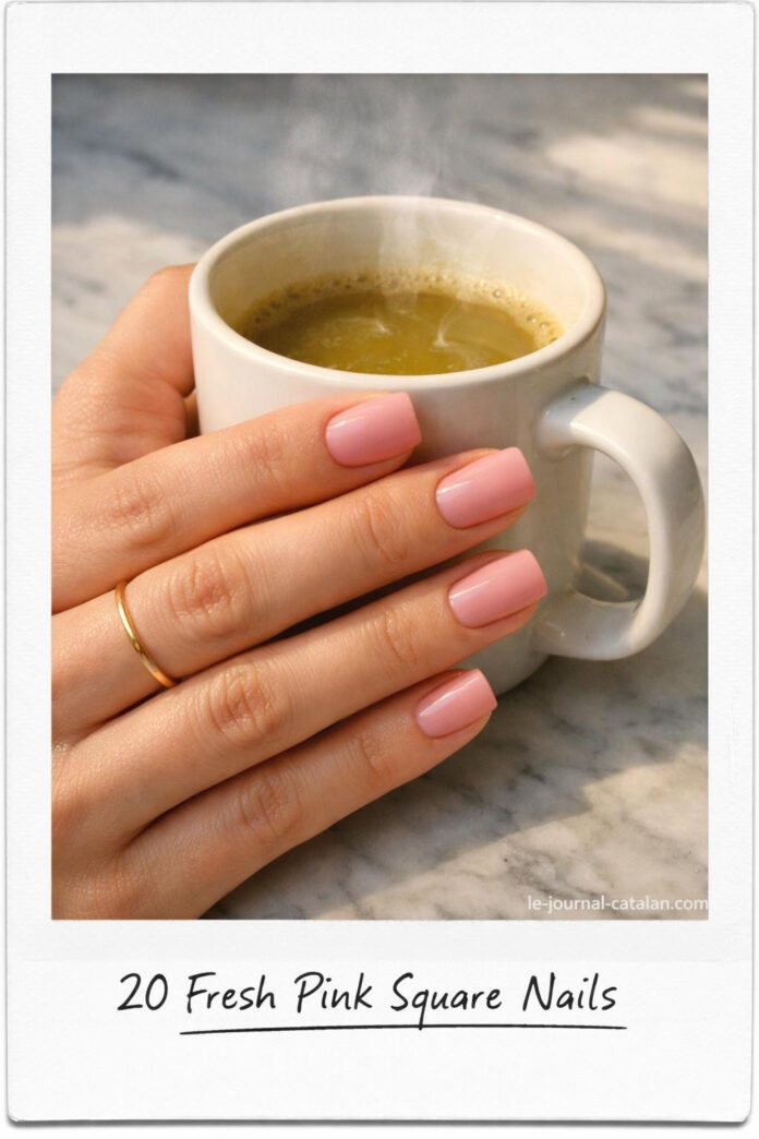 Short square acrylic nails in light pink with clean lines and smooth finish, showcasing modern nail design inspiration