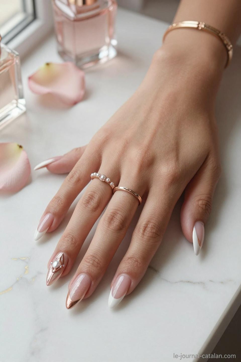 Medium Almond Nails featuring French tips with champagne shimmer and pearl details