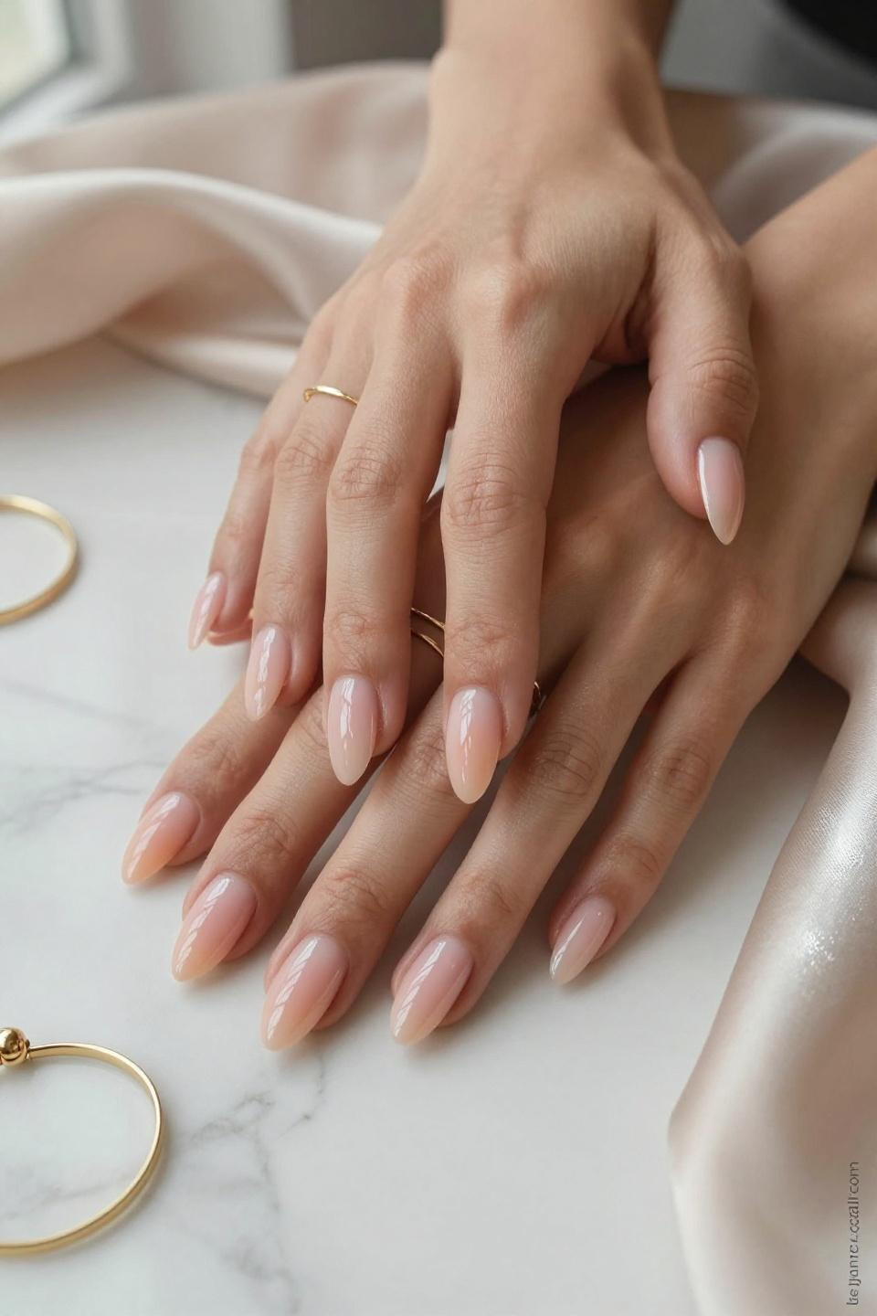 Long Almond Nails featuring champagne shimmer and sophisticated pearl accents